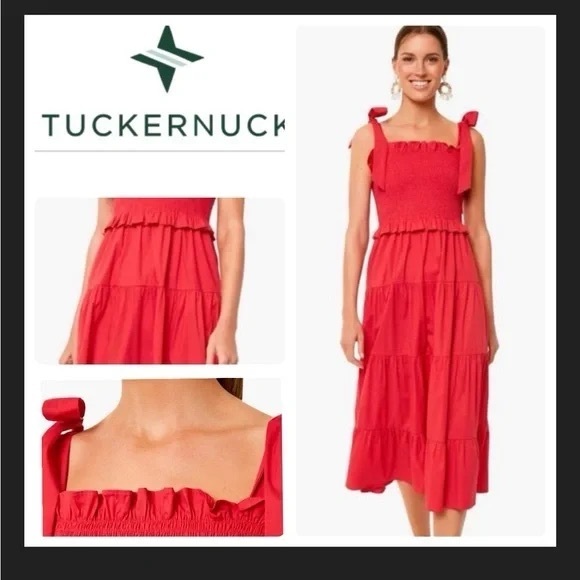 Tuckernuck Alannah Smocked Bodice Bow Tie Strap Dress in Poppy - Picture 2 of 6